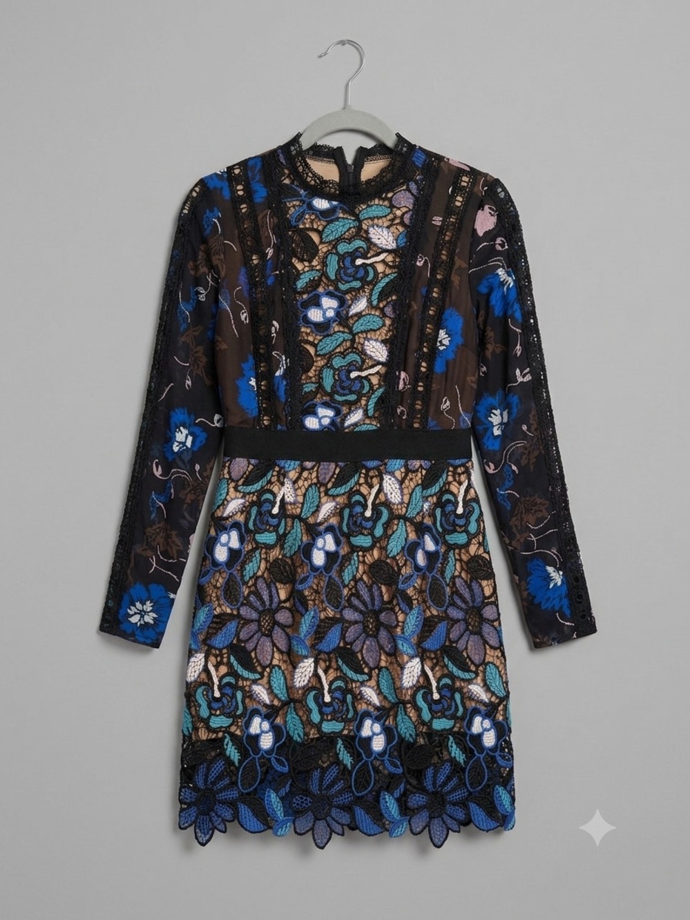 Black Floral Lace Mini Dress with Blue Accents